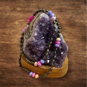 Stacking- Hand-Knotted Black Pearl and Opal Necklace-on Hand-Dyed silk